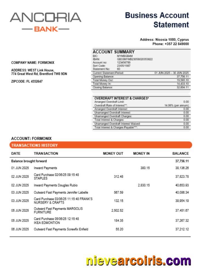 Ancoria bank business account statement